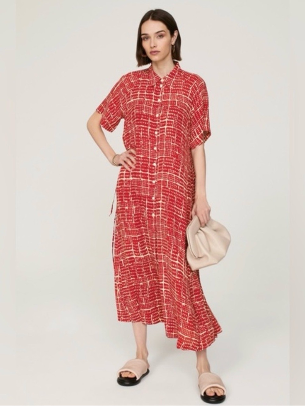 Rosetta Getty Midi Dress Women’s XS Red Geometric Ties Short Sleeves Oversized